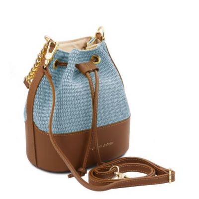 Tuscany Leather Bag Straw Effect Bucket Bag Light Blue #2