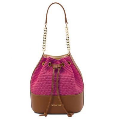 Tuscany Leather Bag Straw Effect Bucket Bag Pink #1