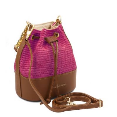 Tuscany Leather Bag Straw Effect Bucket Bag Pink #2
