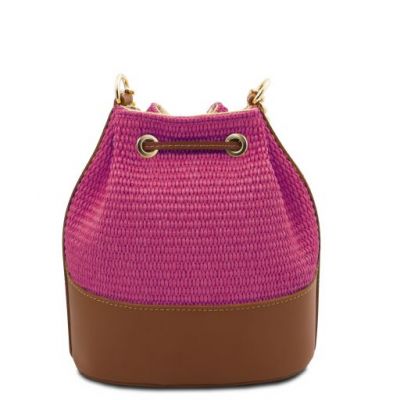 Tuscany Leather Bag Straw Effect Bucket Bag Pink #3