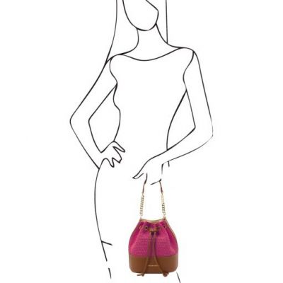 Tuscany Leather Bag Straw Effect Bucket Bag Pink #7