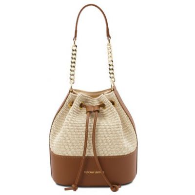 Tuscany Leather Bag Straw Effect Bucket Bag Sand #1