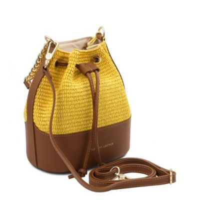 Tuscany Leather Bag Straw Effect Bucket Bag Yellow #2