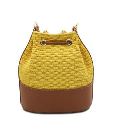 Tuscany Leather Bag Straw Effect Bucket Bag Yellow #3