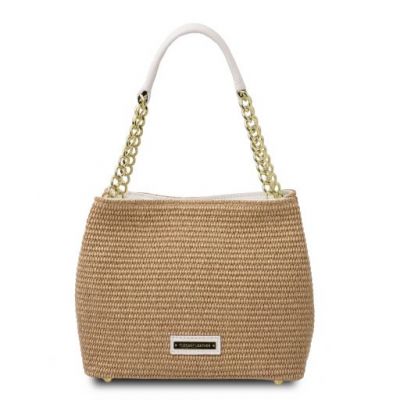 Tuscany Leather Bag Straw Effect Bucket Bag Coral