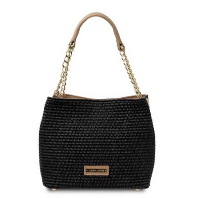Tuscany Leather Bag Straw Effect Bucket Bag Black