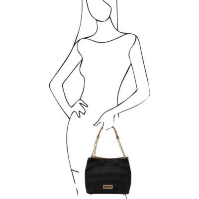 Tuscany Leather Bag Straw Effect Bucket Bag Black #7