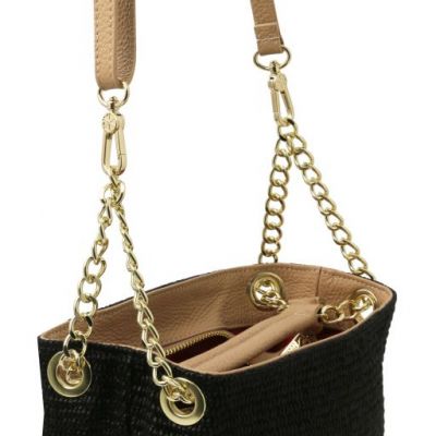 Tuscany Leather Bag Straw Effect Bucket Bag Black #9