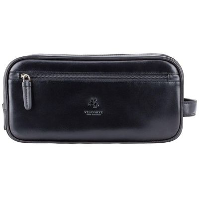 Visconti Leather Naples Wash Bag/Dopp Bag Italian Black