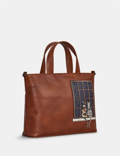 Yoshi Midnight Cats Brown Leather Multiway Grab Handbag Brown #3