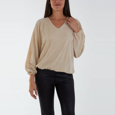 H Mcilroy London Plisse V-Neck Blouse in Beige