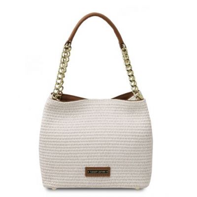 Tuscany Leather Straw Bucket Bag in White